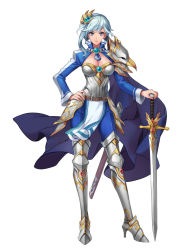 Rule 34 | 1girl, armor, armored boots, belt, blue eyes, boots, breastplate, breasts, cape, cleavage, full body, hair ornament, holding, lipstick, long sleeves, makeup, medium breasts, official art, pants, pauldrons, pelvic curtain, sheath, short hair, shoulder armor, simple background, single pauldron, solo, standing, sword, tenshi mikadokuni, weapon, white background