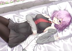 Rule 34 | 1girl, black dress, black pantyhose, breasts, dress, fate/grand order, fate (series), glasses, hair over one eye, highres, jacket, large breasts, lying, mash kyrielight, necktie, on back, pantyhose, purple eyes, purple hair, rong yi tan, short hair, solo