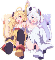 Rule 34 | 2girls, ahoge, arm up, armpits, azur lane, bad id, bad pixiv id, bare shoulders, black legwear, black panties, blue eyes, boots, bow, cable, collarbone, commentary request, dress, dress bow, drill hair, elbow gloves, electric plug, electricity, fang, fingerless gloves, flat chest, full body, gloves, hair ornament, highres, interlocked fingers, long hair, multiple girls, one eye closed, open mouth, panties, prototype bulin mkii (azur lane), shadow, shoes, sidelocks, sitting, skin fang, strapless, strapless dress, thigh boots, thighhighs, twin drills, underwear, unimon e, universal bulin (azur lane), white dress, white footwear, white hair, yellow dress, yellow footwear, yellow gloves