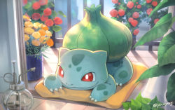 Rule 34 | bright pupils, bulbasaur, claws, closed mouth, commentary request, creatures (company), flower, flower pot, game freak, gen 1 pokemon, kikuyoshi (tracco), lying, nintendo, no humans, on stomach, pokemon, pokemon (creature), red eyes, red flower, smile, solo, twitter username, white pupils, yellow flower