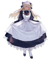 Rule 34 | 1girl, alternate costume, apron, artoria caster (fate), artoria pendragon (fate), black bow, black dress, blonde hair, blush, bow, brooch, curtsey, dress, enmaided, fate/grand order, fate (series), frilled dress, frills, gloves, green eyes, hair bow, highres, jewelry, juliet sleeves, long hair, long sleeves, maid, maid apron, maid headdress, nose blush, pantyhose, puffy sleeves, solo, sweatdrop, ubwmitekure, white background, white gloves