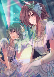 Rule 34 | 2girls, absurdres, aketa mikoto, blurry, blurry foreground, brown hair, commentary request, dutch angle, gloves, gradient hair, green hair, hair ornament, highres, idol, idolmaster, idolmaster shiny colors, kevn, long hair, looking at viewer, multicolored hair, multiple girls, nanakusa nichika, open mouth, short hair, white gloves