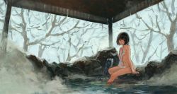 Rule 34 | 1girl, arm at side, bare tree, black hair, blue eyes, blush, breasts, covering privates, day, hand on own chest, highres, holding, holding towel, looking at viewer, nose blush, nude cover, onsen, original, parted lips, reflection, revision, rock, short hair, sitting, small breasts, snow, soaking feet, solo, steam, tentsu, towel, tree, underboob, wallpaper, water