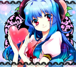 Rule 34 | 1girl, blue hair, bow, chigo, female focus, food, food as clothes, fruit, hat, heart, hinanawi tenshi, long hair, multicolored eyes, peach, red eyes, smile, solo, touhou, upper body