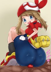 Rule 34 | 1boy, 1girl, apamutamamootekoi, ass, bag, bandana, bike shorts, blue eyes, blush, breasts, brown hair, buttjob, buttjob over clothes, censored, creatures (company), femdom, from behind, game freak, gloves, hetero, highres, huge ass, long hair, looking at viewer, looking back, may (pokemon), nintendo, open mouth, penis, pokemon, pokemon (anime), rubbing, shoes, sideboob, small breasts, smile, sneakers, solo focus, translation request