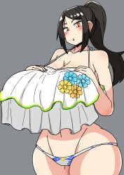 Rule 34 | 1girl, absurdres, bikini, black hair, breasts, collarbone, female focus, grey background, hands on own chest, highres, huge breasts, looking at viewer, nishiki (artist), open mouth, orange eyes, ponytail, shiny skin, solo, standing, swimsuit, thick thighs, thighs, white bikini, wide hips