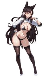 1girl animal_ears atago_(azur_lane) atago_(stunning_speedster)_(azur_lane) azur_lane bikini black_bikini black_hair black_thighhighs breasts cleavage closed_mouth commentary full_body hair_ribbon hand_on_own_hip highres large_breasts long_hair long_sleeves looking_at_viewer mole mole_under_eye navel official_alternate_costume race_queen ribbon shoes shrug_(clothing) simple_background smile solo standing swimsuit thighhighs very_long_hair volyz white_background white_footwear white_ribbon yellow_eyes