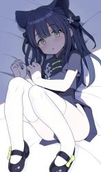 Rule 34 | 1girl, :o, bed sheet, black dress, black hair, black ribbon, bloom, blue archive, blunt bangs, blush, chinese clothes, commentary, dress, green eyes, hair ribbon, hayake (chenran), highres, legs folded, light, long hair, looking at viewer, lying, mary janes, on back, open mouth, ribbon, shade, shoes, shun (blue archive), shun (small) (blue archive), solo, thighhighs, two side up, white thighhighs