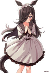 Rule 34 | 1girl, animal ears, black hair, black ribbon, blush, closed mouth, collared dress, commentary request, dress, eluthel, feet out of frame, frilled dress, frills, grey dress, hair over one eye, hands up, highres, horse ears, horse girl, horse tail, long hair, long sleeves, looking at viewer, neck ribbon, pleated dress, puffy long sleeves, puffy sleeves, purple eyes, ribbon, rice shower (umamusume), simple background, solo, standing, tail, twitter username, umamusume, very long hair, white background