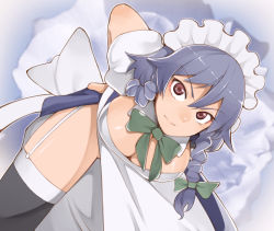 Rule 34 | &gt;:|, 1girl, :|, bent over, bow, braid, breasts, cleavage, closed mouth, female focus, garter straps, hands on ass, izayoi sakuya, kosame daizu, large breasts, looking at viewer, maid, maid headdress, no panties, red eyes, short hair, silver hair, solo, thighhighs, touhou, tsurime, twin braids, v-shaped eyebrows