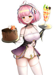 Rule 34 | 1girl, absurdres, ahoge, alternate costume, azur lane, bare shoulders, black choker, blush, braid, braided bangs, breasts, cake, choker, cleavage, cocktail, cross, dress, food, french flag, french flag ribbon, fruit, hair ornament, highres, jewelry, large breasts, lemontea (ekvr5838), looking at viewer, maid, open mouth, pink hair, short dress, short hair, simple background, smile, solo, strawberry, tartu (azur lane), thighhighs, waitress, white background, white thighhighs, yellow eyes