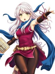 Rule 34 | &gt;:o, 1girl, armpits, bangle, bare shoulders, belt, black gloves, black pantyhose, blue scarf, book, bracelet, breasts, dress, elbow gloves, fingerless gloves, fire emblem, fire emblem: radiant dawn, gloves, half updo, highres, inanaki shiki, jewelry, micaiah (fire emblem), nintendo, outstretched arm, pantyhose, scarf, side slit, silver hair, simple background, sleeveless, sleeveless dress, solo, v-shaped eyebrows, white background, yellow eyes