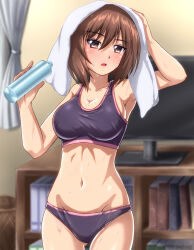 Rule 34 | 1girl, black panties, black sports bra, blurry, blurry background, blush, book, bookshelf, bottle, breasts, brown eyes, brown hair, cleavage, cowboy shot, curtains, depth of field, girls und panzer, gluteal fold, hand on own head, highres, holding, holding bottle, indoors, looking at viewer, medium breasts, navel, nishizumi maho, open mouth, panties, short hair, solo, sports bra, standing, sweat, television, towel, towel on head, underwear, underwear only, water bottle, zanntetu