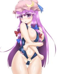 Rule 34 | 1girl, ao no mi, between breasts, bikini, blush, breasts, crescent, crossed arms, groin, hair ribbon, hat, highres, large breasts, long hair, looking at viewer, mob cap, navel, patchouli knowledge, pout, purple eyes, purple hair, ribbon, sideboob, simple background, solo, string bikini, sweatdrop, swimsuit, touhou, tress ribbon, underboob, very long hair, white background