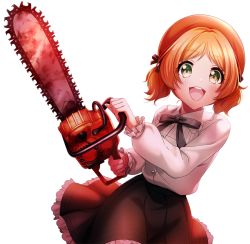 Rule 34 | 1girl, beret, black skirt, blonde hair, blush, chainsaw, commentary, d4dj, english commentary, hat, holding, holding chainsaw, official art, open mouth, power tool, red hat, shirt, shirt tucked in, short hair, skirt, smile, solo, takeshita miiko, transparent background, twintails, white shirt