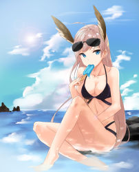 Rule 34 | absurdres, bikini, black bikini, blonde hair, blue eyes, blue sky, breasts, cleavage, cloud, day, dripping, eyewear on head, food, hanna-justina marseille, highres, crossed legs, medium breasts, melting, mojomaru, navel, ocean, partially submerged, popsicle, popsicle stick, sky, solo, strike witches, swimsuit, world witches series
