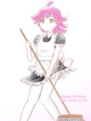 Rule 34 | 1girl, apron, artist name, artist request, back bow, black dress, black skirt, blunt bangs, blush, bow, breasts, broom, brown eyes, buttons, collared dress, dress, female focus, frilled apron, frilled dress, frilled shirt collar, frills, highres, holding, holding broom, looking at viewer, love live!, love live! nijigasaki high school idol club, maid, maid apron, maid headdress, miniskirt, parted lips, pink hair, plaid, plaid dress, plaid skirt, pleated, pleated dress, pleated skirt, puffy short sleeves, puffy sleeves, short hair, short sleeves, skirt, smile, solo, tennoji rina, white apron, white background, white bow, white legwear, wing collar, yellow eyes