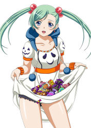 Rule 34 | 00s, 1girl, blue eyes, candy, collarbone, cowboy shot, earrings, eyebrows, female focus, food, ghost, green hair, hair bobbles, hair ornament, halloween, hood, hood down, ikkitousen, jack-o&#039;-lantern, jewelry, long hair, looking at viewer, magatama, magatama earrings, open mouth, pom pom (clothes), shokatsuryou koumei, simple background, skirt basket, skirt hold, solo, twintails, white background
