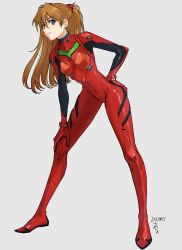 Rule 34 | 1girl, arano nknk, ass grab, blue eyes, bodysuit, breasts, brown hair, cleavage, full body, grabbing own ass, highres, interface headset, long hair, looking at viewer, medium breasts, neon genesis evangelion, pilot suit, plugsuit, red bodysuit, shiny clothes, sideways glance, simple background, solo, souryuu asuka langley, two side up, wide hips