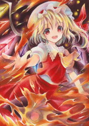 Rule 34 | 1girl, blonde hair, breasts, collared shirt, crystal, fire, flandre scarlet, frilled shirt collar, frills, hair between eyes, hat, hat ribbon, highres, holding, holding polearm, holding weapon, laevatein (touhou), looking at viewer, marker (medium), medium hair, mob cap, momonabe02, multicolored wings, open mouth, outstretched hand, polearm, puffy short sleeves, puffy sleeves, red eyes, red ribbon, red skirt, red vest, ribbon, shirt, short sleeves, skirt, skirt set, small breasts, solo, teeth, touhou, traditional media, upper teeth only, vest, weapon, white hat, white shirt, wings