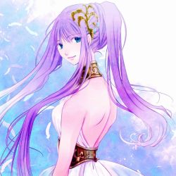 Rule 34 | 1girl, abstract background, alternate hairstyle, armpits, arms at sides, athena (saint seiya), back, backless dress, backless outfit, bare shoulders, belt, blue eyes, breasts, choker, closed mouth, collar, collared dress, dress, feathers, female focus, from behind, gold belt, gold choker, hair ornament, happy, jewelry, kido saori, light smile, long hair, looking at viewer, medium breasts, neck, neck ring, parted bangs, ponytail, purple hair, riri (artist), saint seiya, shoulder blades, sidelocks, sleeveless, sleeveless dress, smile, standing, tunic, turning head, very long hair, white dress, white tunic