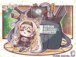 Rule 34 | 1girl, absurdres, animal ear fluff, animal ears, arknights, bag, bare shoulders, benizika, black hairband, black jacket, blush, breasts, brown hair, chibi, closed eyes, collarbone, commentary request, duffel bag, facing viewer, grey footwear, grey tank top, hair between eyes, hairband, highres, horn (arknights), jacket, long hair, medium breasts, off shoulder, open clothes, open jacket, open mouth, outline, shoe soles, shoes, sigh, signature, sitting, solo, striped clothes, striped thighhighs, sweat, tank top, thighhighs, twitter username, vertical-striped clothes, vertical-striped thighhighs, very long hair, white outline