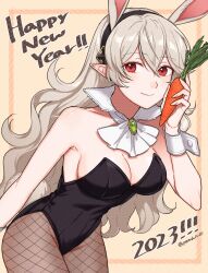 Rule 34 | 1girl, 2023, alternate costume, animal ears, black leotard, blush, breasts, carrot, chinese zodiac, cleavage, corrin (female) (fire emblem), corrin (fire emblem), detached collar, fake animal ears, fire emblem, fire emblem fates, hair between eyes, hairband, happy new year, highres, large breasts, leotard, long hair, looking at viewer, new year, nintendo, pantyhose, peach11 01, playboy bunny, pointy ears, rabbit ears, red eyes, simple background, smile, solo, strapless, strapless leotard, white hair, wrist cuffs, year of the rabbit