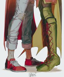 Rule 34 | 2boys, absurdres, artist name, cape, commentary, couple, damian wayne, dc comics, denim, english commentary, feet only, green footwear, height difference, highres, implied kiss, implied yaoi, iwakki, jeans, jonathan kent, kiss, lower body, multiple boys, pants, red cape, red footwear, robin (dc), standing, super sons, superboy, superhero costume, sweat, tiptoe kiss, tiptoes, torn clothes, torn jeans, torn pants, yaoi, yellow cape