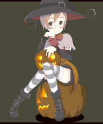 Rule 34 | boots, brown eyes, brown hair, glasses, halloween, hat, highres, jack-o&#039;-lantern, oza watto, pumpkin, short hair, smile, solo, striped clothes, striped thighhighs, thighhighs, witch hat