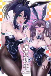 Rule 34 | 2023, 2girls, animal ears, arm strap, black hair, blush, breasts, brown hair, card, chinese zodiac, collarbone, commentary request, detached collar, fake animal ears, fang, green eyes, hair ribbon, half-closed eyes, hands on own hips, highres, joker (playing card), large breasts, leotard, looking at viewer, multiple girls, nail polish, naughty face, original, pantyhose, playboy bunny, playing card, ponytail, purple eyes, rabbit ears, ribbon, ribimura, shiny clothes, shiny skin, skin fang, strapless, strapless leotard, tongue, tongue out, translation request, twintails, wrist cuffs, year of the rabbit