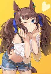 Rule 34 | 1girl, animal ears, blue eyes, blue shorts, blush, brown hair, closed mouth, commentary request, cowboy shot, crop top, cutoffs, hands up, heart, highres, horse ears, horse girl, horse tail, leaning forward, long hair, midriff, multicolored nails, navel, off shoulder, one eye closed, shirt, short shorts, shorts, simple background, solo, solokitsune, tail, tosen jordan (umamusume), twintails, umamusume, white shirt, yellow background