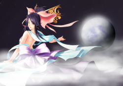 Rule 34 | 1girl, bad id, bad pixiv id, bare back, bare shoulders, black eyes, black hair, breasts, chang&#039;e, chinese clothes, earrings, female focus, fog, full moon, gradient background, hair ornament, hair ribbon, jewelry, looking back, moon, night, night sky, original, outdoors, outstretched arm, ribbon, rotix, sideboob, sky, solo