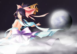 1girl bad_id bad_pixiv_id bare_back bare_shoulders black_eyes black_hair breasts chang&#039;e chinese_clothes earrings female_focus fog full_moon gradient_background hair_ornament hair_ribbon jewelry looking_back moon night night_sky original outdoors outstretched_arm ribbon rotix sideboob sky solo