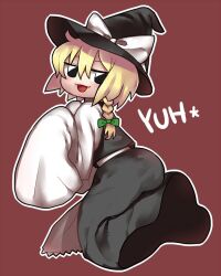 Rule 34 | 1girl, :3, aaaa (aaaa480), apron, black eyes, black hat, black skirt, black vest, blonde hair, blush, bow, braid, brown background, character name, commentary request, cookie (touhou), full body, green bow, hair between eyes, hair bow, hat, hat bow, kirisame marisa, long bangs, long hair, long skirt, looking at viewer, open mouth, outline, shirt, simple background, single braid, skirt, skirt set, sleeves past fingers, sleeves past wrists, smile, solo, touhou, vest, waist apron, white apron, white bow, white outline, white shirt, witch hat, yuuhi (cookie)