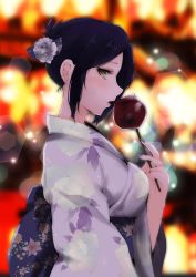 Rule 34 | 1girl, :o, alternate hairstyle, apple, blue hair, blue sash, blurry, blurry background, breasts, candy apple, floral print, flower, food, fruit, hair flower, hair ornament, hayami kanade, highres, idolmaster, idolmaster cinderella girls, japanese clothes, kimono, lavender flower, purple kimono, light, light blush, light particles, long sleeves, looking at viewer, looking to the side, medium breasts, open mouth, outdoors, ryuu., sash, sidelocks, solo, stick, traditional clothes, upper body, wide sleeves, yellow eyes, yukata