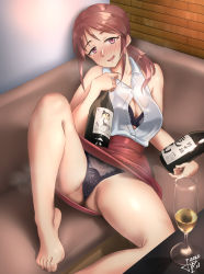 Rule 34 | 1girl, alcohol, ass, bare shoulders, barefoot, black bra, black panties, bottle, bra, breasts, brown hair, champagne flute, collared shirt, couch, cup, drinking glass, drunk, hair over shoulder, highres, idolmaster, idolmaster cinderella girls, idolmaster cinderella girls starlight stage, jun piro, large breasts, long hair, looking at viewer, lying, mifune miyu, miniskirt, on back, open clothes, open mouth, open shirt, panties, ponytail, red eyes, red skirt, sake, see-through, shirt, sidelocks, signature, skirt, sleeveless, sleeveless shirt, smile, solo, spread legs, thighs, underwear, wavy mouth, white shirt