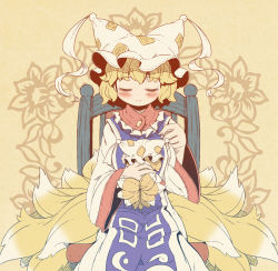 Rule 34 | 1girl, blonde hair, blush, chair, character doll, closed eyes, female focus, fox tail, hat, multiple tails, needle, sewing, sitting, smile, solo, stuffed toy, tail, takahero, thread, touhou, yakumo ran