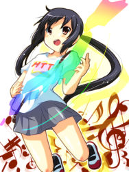 Rule 34 | 1girl, air guitar, bass clef, beamed quavers, black hair, black socks, blush, brown eyes, crotchet rest, grey skirt, k-on!, long hair, mary janes, musical note, na! (na&#039;mr), nakano azusa, open mouth, quaver, quaver rest, shirt, shoes, short sleeves, skirt, socks, solo, strap, t-shirt, teeth, treble clef, twintails
