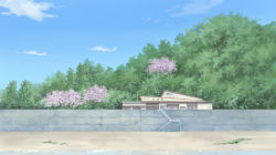 Rule 34 | beach, blue sky, building, cherry blossoms, cloud, commentary request, day, forest, grass, highres, hirota (masasiv3), nature, no humans, outdoors, revision, scenery, shore, sky, stairs, tree, wall, water