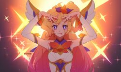 Rule 34 | 1girl, :p, arms up, artist name, bare shoulders, blonde hair, bow, bowtie, breasts, detached sleeves, dreamcharlie, head wings, highres, hoshino ai&#039;s pose, large breasts, league of legends, long hair, looking at viewer, orange bow, orange bowtie, oshi no ko, pink hair, smile, solo, sparkle, sparkling eyes, star guardian (league of legends), star guardian seraphine, tongue, tongue out, upper body, wings