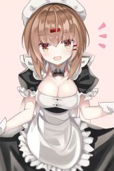 Rule 34 | 1girl, alternate costume, apron, black bow, black dress, black neckwear, black ribbon, blush, bow, breasts, brown eyes, brown hair, cleavage, detached collar, dress, enmaided, fathom, frilled apron, frilled dress, frills, hair between eyes, hair bow, hair ornament, hairclip, highres, kantai collection, long hair, looking at viewer, low twintails, maid, maid apron, maid headdress, medium breasts, open mouth, pink background, puffy short sleeves, puffy sleeves, ribbon, short sleeves, smile, solo, star (symbol), tashkent (kancolle), twintails, waist apron, white apron, wrist cuffs