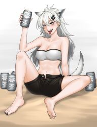 Rule 34 | 1girl, :d, animal ears, arknights, bandeau, bare arms, bare legs, bare shoulders, barefoot, black nails, black shorts, breasts, can, cleavage, commentary request, grey eyes, hair between eyes, hair ornament, hairclip, hand up, highres, holding, holding can, kja (shishimujizhong), knee up, lappland (arknights), long hair, looking at viewer, medium breasts, midriff, nail polish, navel, open fly, open mouth, scar, scar across eye, sharp teeth, short shorts, shorts, sitting, smile, solo, stomach, strapless, tail, teeth, thighs, toenail polish, toenails, tongue, tongue out, tube top, very long hair, white hair, wolf ears, wolf tail