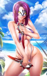 Rule 34 | 00s, 1girl, bare shoulders, beach, blue sky, body blush, breasts, cleavage, cloud, collarbone, contrapposto, cowboy shot, curvy, dagger, day, dual wielding, groin, highres, holding, holding weapon, horizon, kagami hirotaka, knife, koukawa oboro, large breasts, light rays, lilith-soft, linea alba, lips, lipstick, long hair, makeup, mask, navel, oboro (taimanin asagi), ocean, one-piece swimsuit, outdoors, parted lips, pink lips, plant, purple hair, purple one-piece swimsuit, sand, shore, short hair, simple background, sky, slingshot swimsuit, solo, standing, stomach, summer, sunbeam, sunlight, sweat, swimsuit, taimanin (series), taimanin asagi, taimanin asagi kessen arena, underboob, water, weapon, white background, wide hips