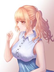Rule 34 | 1girl, absurdres, bad id, bad pixiv id, blonde hair, brown eyes, gradient background, gya (144), hand up, highres, long hair, original, parted lips, ponytail, sidelocks, simple background, solo, standing, upper body