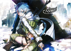 Rule 34 | 1girl, animal ears, anti-materiel rifle, aqua eyes, aqua hair, belt, blue eyes, blue hair, blurry, blurry background, bolt action, breasts, bunbun, cat ears, cat girl, chaps, cropped jacket, day, fingerless gloves, gloves, green jacket, green pants, gun, hair between eyes, hair ornament, hairclip, highres, holding, holding gun, holding weapon, jacket, kemonomimi mode, long sleeves, looking at viewer, looking back, making-of available, motion blur, open clothes, open jacket, outdoors, pants, parted lips, pgm hecate ii, rifle, scarf, scope, short hair, short shorts, shorts, sidelocks, sinon, small breasts, sniper rifle, solo, speech bubble, squatting, sword art online, thighs, weapon, white scarf