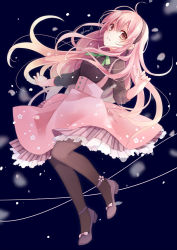 Rule 34 | 1girl, blue background, brown shirt, cherry blossoms, commentary request, floating hair, floral print, green ribbon, hair between eyes, hairband, high heels, kuroi (liar-player), layered skirt, long hair, long sleeves, looking at viewer, neck ribbon, original, pantyhose, petals, pink eyes, pink hair, pink skirt, ribbon, shirt, skirt, solo