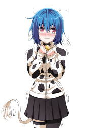 Rule 34 | 1girl, absurdres, animal print, asymmetrical legwear, bell, black skirt, black thighhighs, blue hair, blush, closed mouth, cow girl, cow print, cow tail, flying sweatdrops, highres, hood, hoodie, jashin-chan dropkick, long sleeves, looking at viewer, messy hair, minos (jashin-chan dropkick), mismatched legwear, neck bell, pleated skirt, red eyes, short hair, simple background, single thighhigh, skirt, solo, tail, thigh strap, thighhighs, white background, yuuki shushu