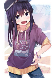 Rule 34 | 1girl, akatsuki (kancolle), alternate costume, black hair, black hat, blue eyes, blue pants, bracelet, casual, clothes writing, commentary request, cowboy shot, denim, english text, flat cap, hand on own hip, hat, highres, hood, hooded sweater, hoodie, jeans, jewelry, kantai collection, long hair, looking at viewer, open mouth, pants, purple sweater, smile, solo, sweater, taisho (gumiyuki)