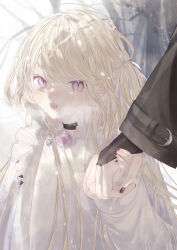 Rule 34 | 1boy, 1girl, absurdres, age difference, black choker, black nails, blonde hair, blush, breath, bridal gauntlets, brooch, choker, coat, couple, day, feet out of frame, hair ribbon, highres, jewelry, long hair, long sleeves, msa (fary white), open mouth, original, outdoors, purple eyes, ribbon, slit pupils, smile, solo focus, tree, two side up, upper body, white coat, white ribbon, winter, winter clothes