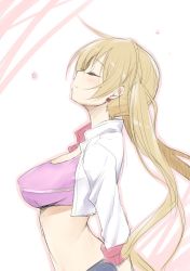 Rule 34 | 1girl, blonde hair, blush, breasts, closed eyes, closed mouth, crop top, cropped jacket, earrings, floating hair, from side, gundam, gundam tekketsu no orphans, jewelry, lafter frankland, large breasts, long hair, midriff, sleeves rolled up, smile, solo, tank top, taropun, twintails, upper body